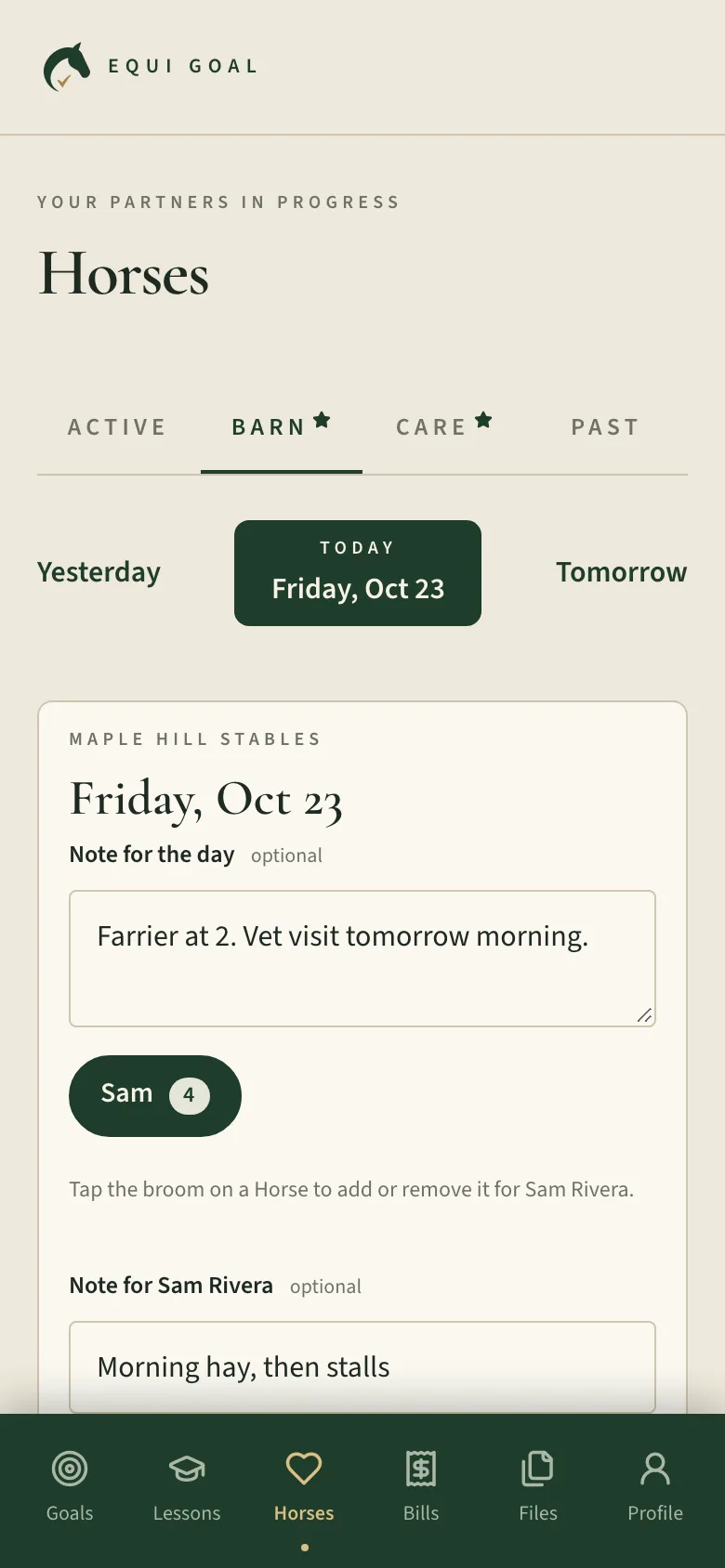 The Barn tab’s daily board, with a note for the day and a Staff member who has three horses to look after.