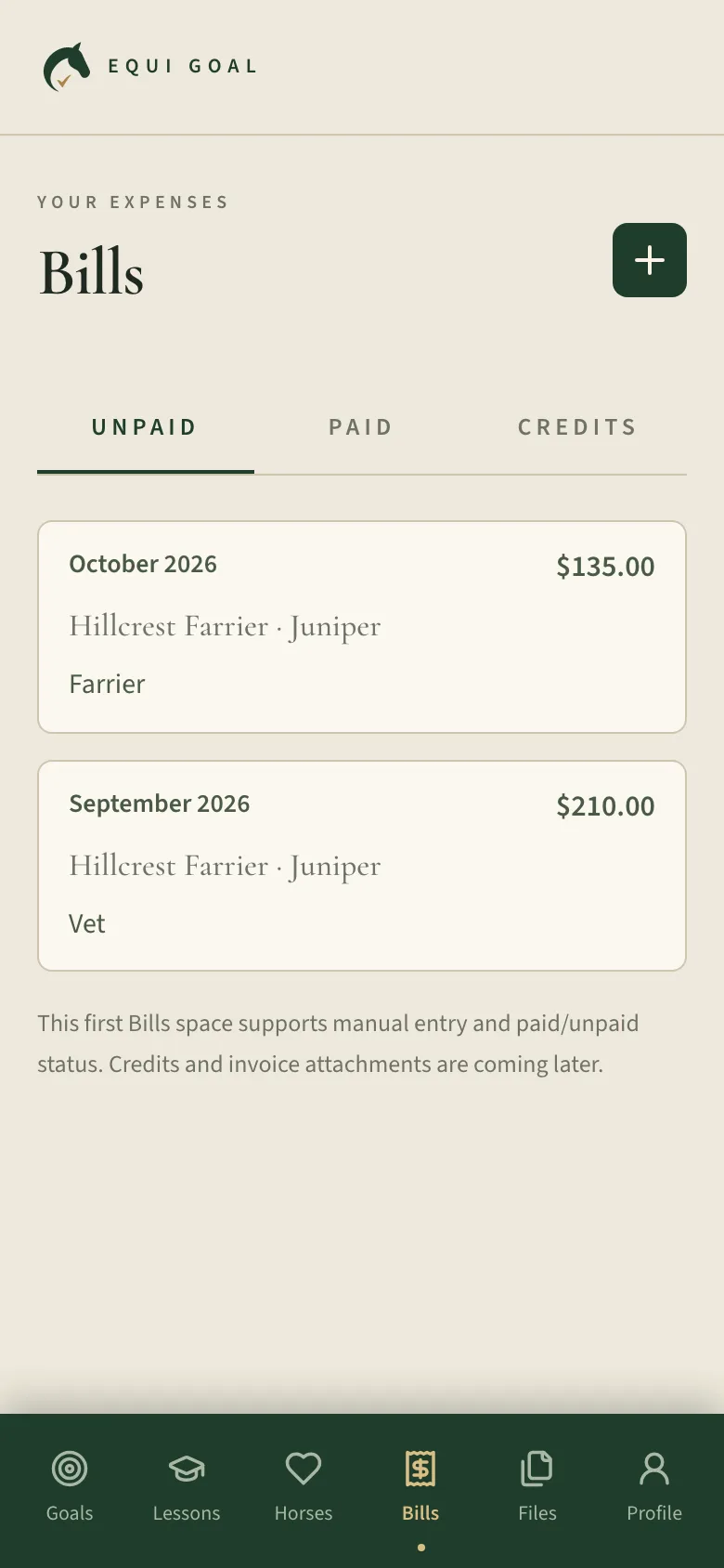 The Bills screen listing a farrier bill and a vet bill with their amounts.