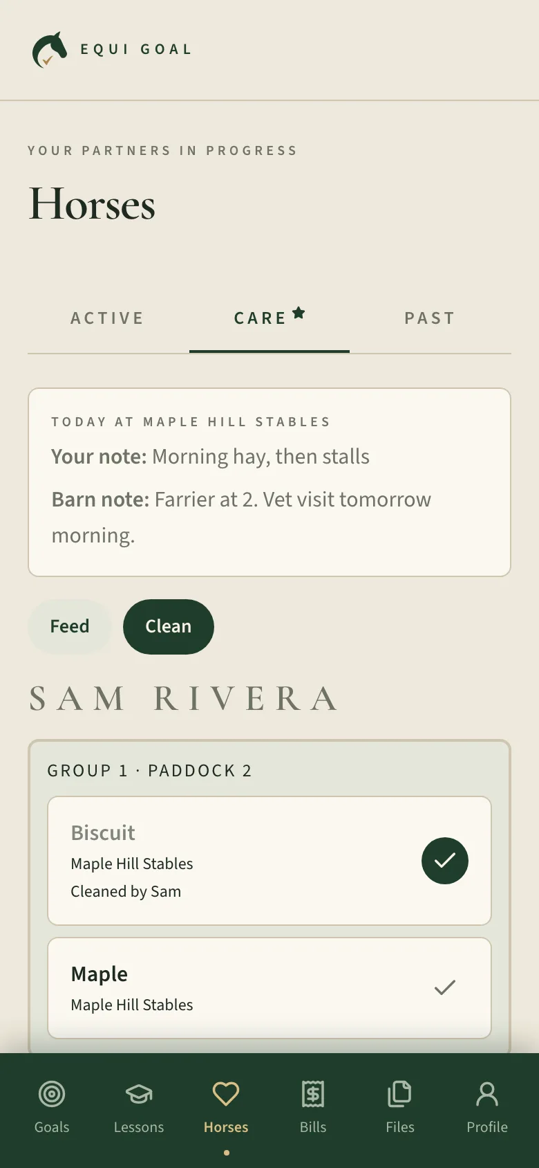 A Staff member’s Clean list, with their horses grouped by turnout and one stall already checked off.
