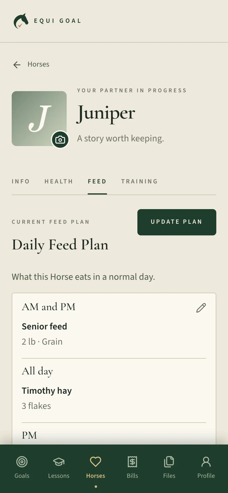 A horse’s daily feed plan, grouped by time of day.