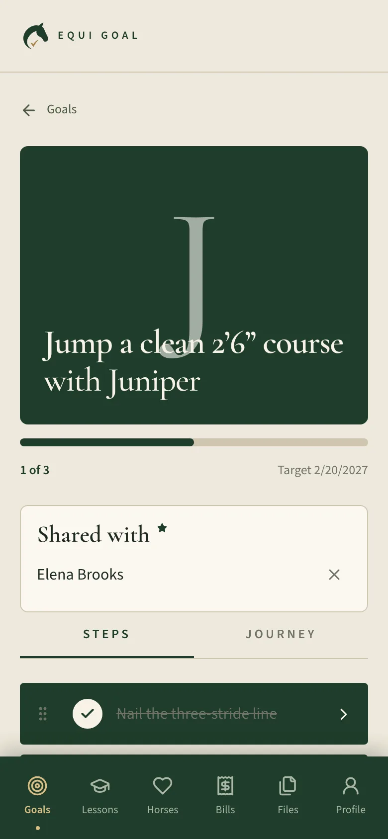 A goal, “Jump a clean 2’6” course with Juniper”, with its progress, the trainer it is shared with, and its steps.