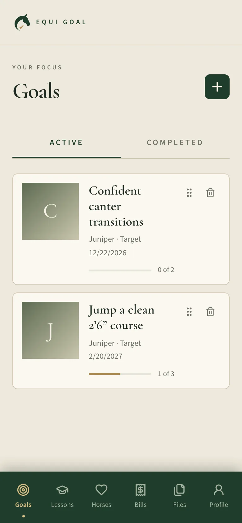 The Goals screen in Equi Goal, showing two active goals with progress bars.