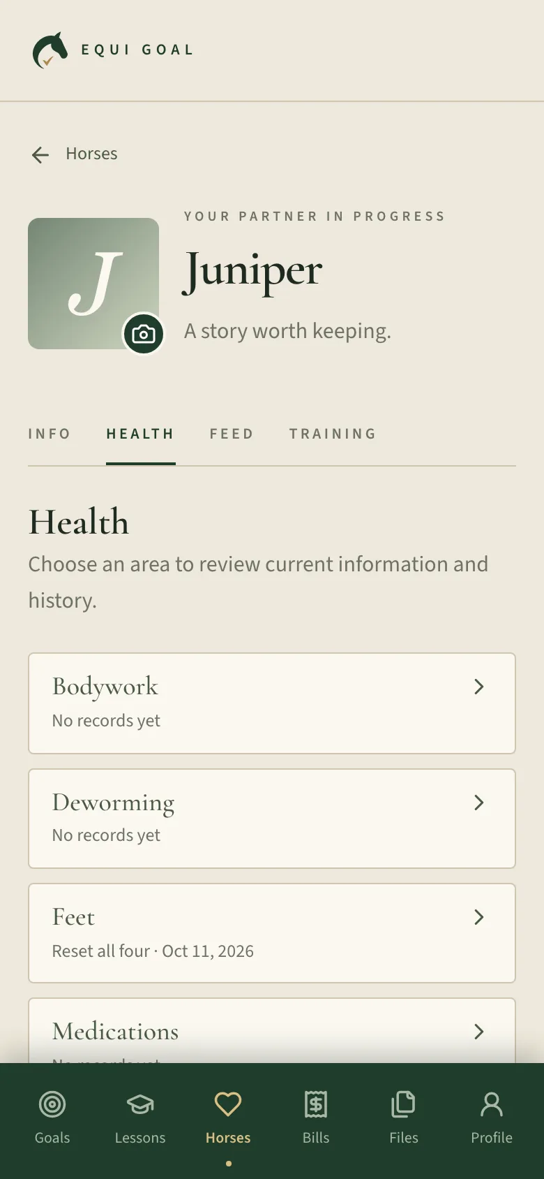 A horse’s Health tab, with areas such as bodywork, deworming and feet, and the latest feet record.