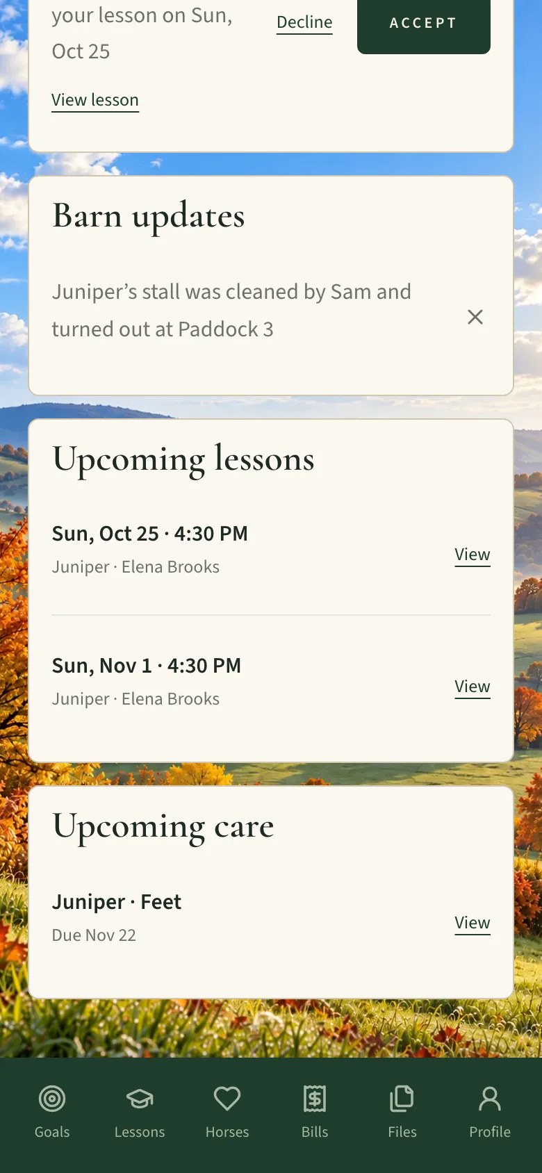 Further down the Home screen: the barn update about the stall being cleaned, upcoming lessons, and upcoming horse care with a feet appointment due soon.