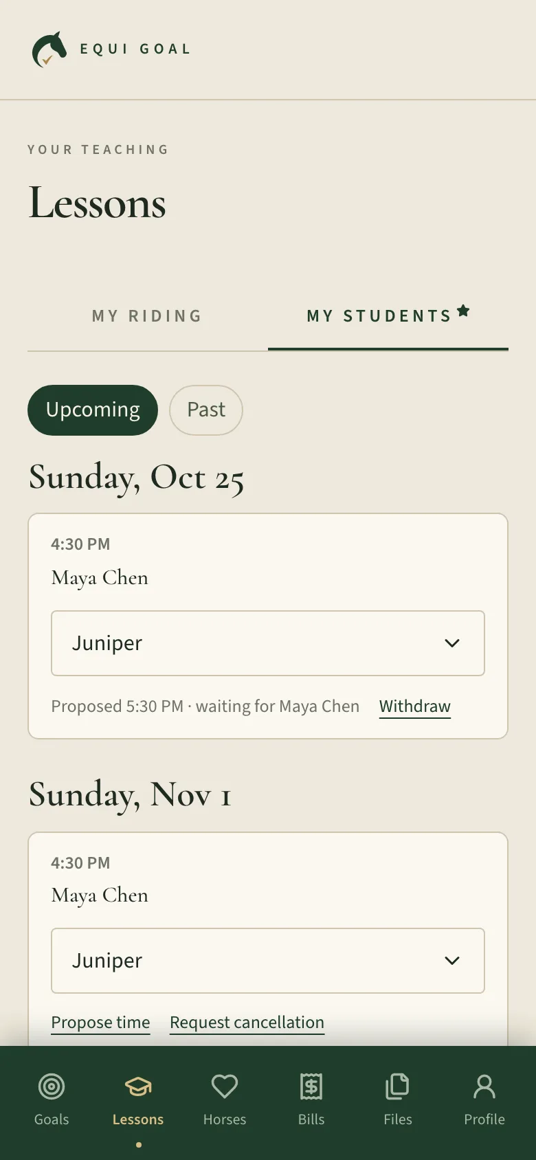 A trainer’s Lessons screen, listing a student’s upcoming lessons with the horse chosen for each and a proposed new time waiting for the student’s answer.